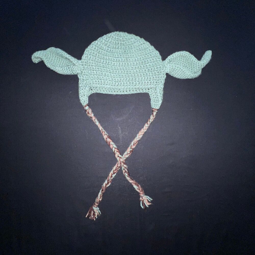 Handmade Crochet Yoda  Aviator Ear Flap Hat Mint Sage Green Costume Photo Prop